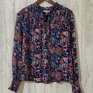 Floral Smocked Yoke Navy Blouse